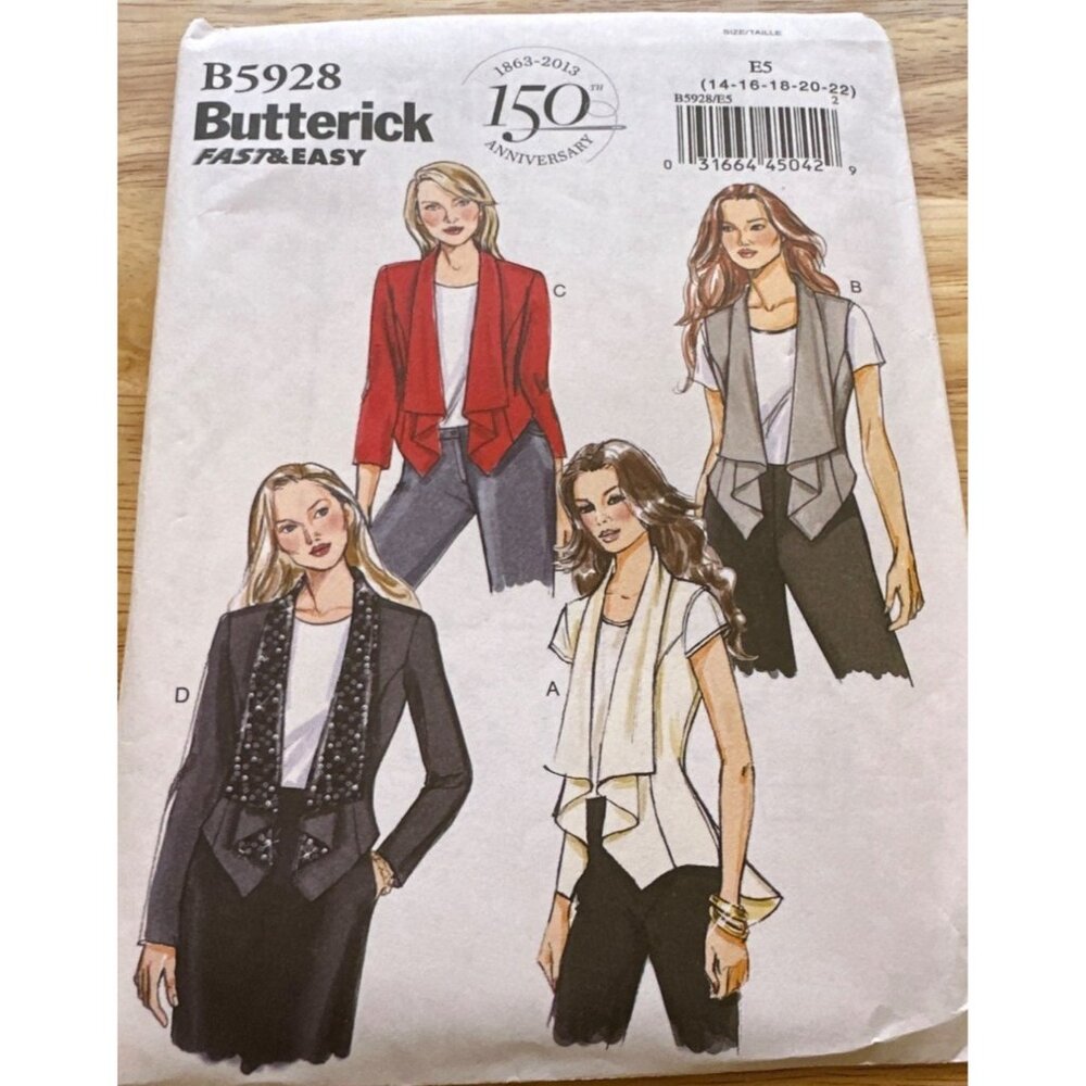 Butterick  Vest and Jacket Easy Sewing Pattern Sizes 14 - 22  New Uncut #B5928